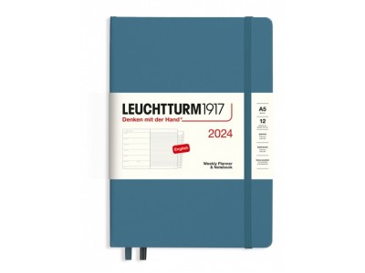 Leuchtturm1917 Stone Blue, Weekly Planner & Notebook Medium (A5) 2024, with extra booklet, English